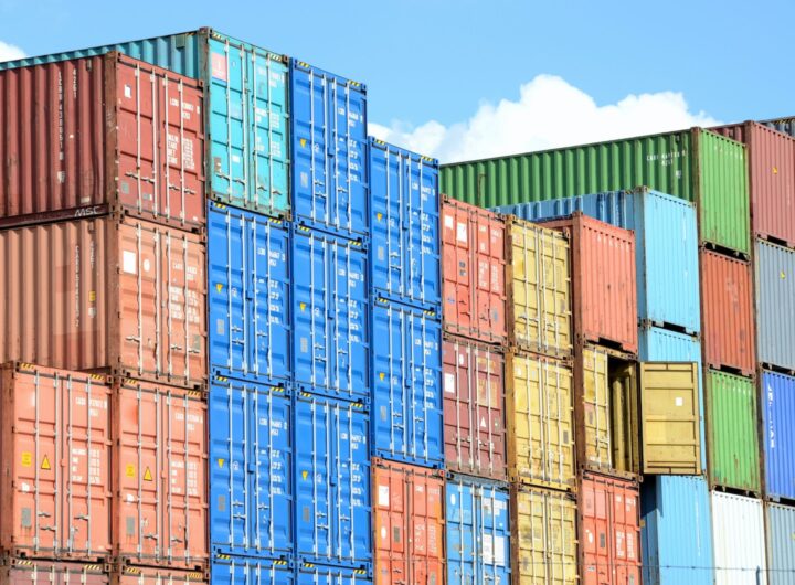 blue red and yellow intermodal containers