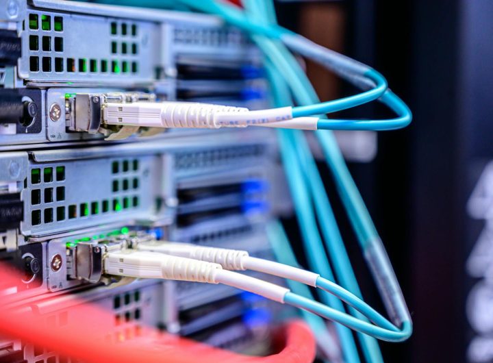 Detailed shot of Ethernet cables connected to server ports highlighting technology infrastructure.