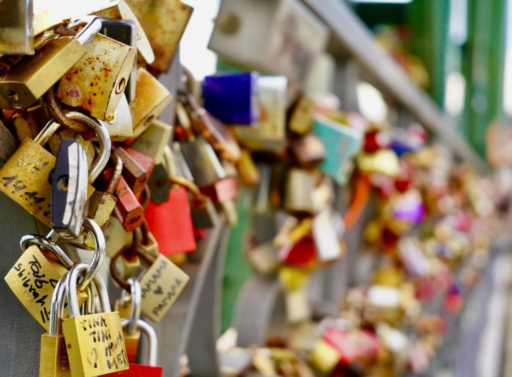 Many padlocks are attached to a fence